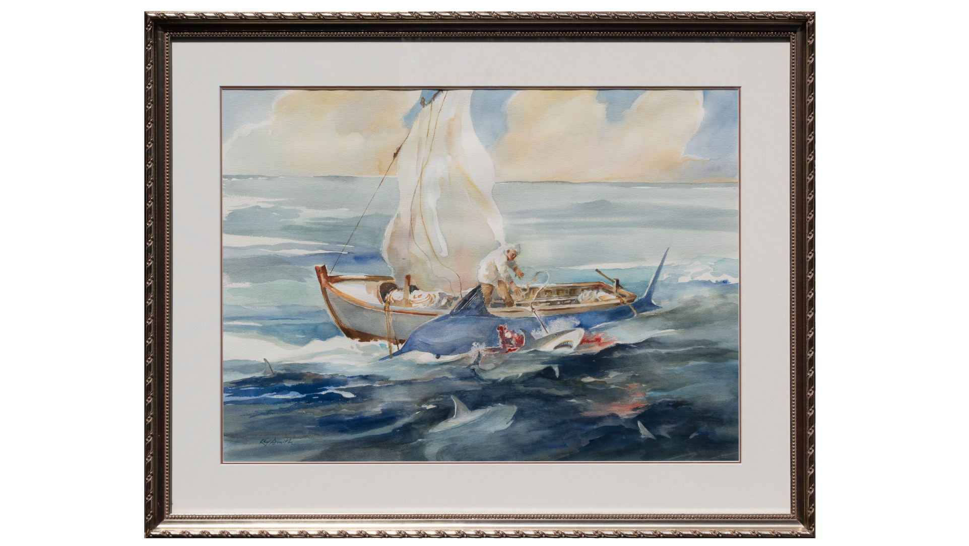 Old Man Fighting the Sharks Old Man and the Sharks  30h x 37w Framed  $4,500  Old Man and the Sea